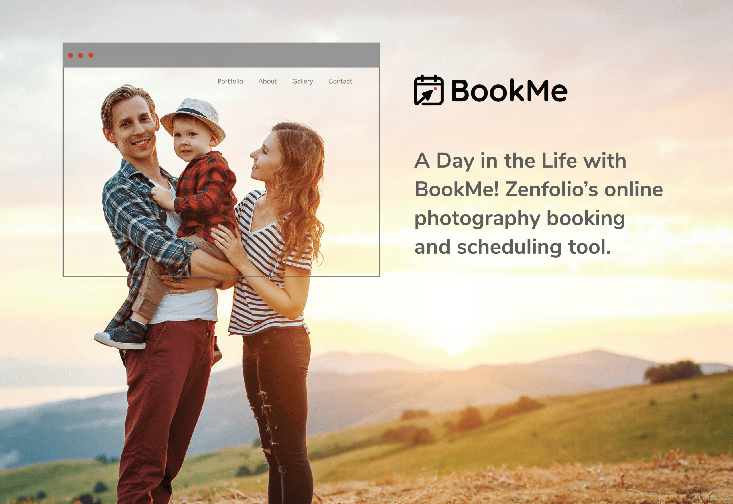 BookMe title with family posing framed by minimal browser window
