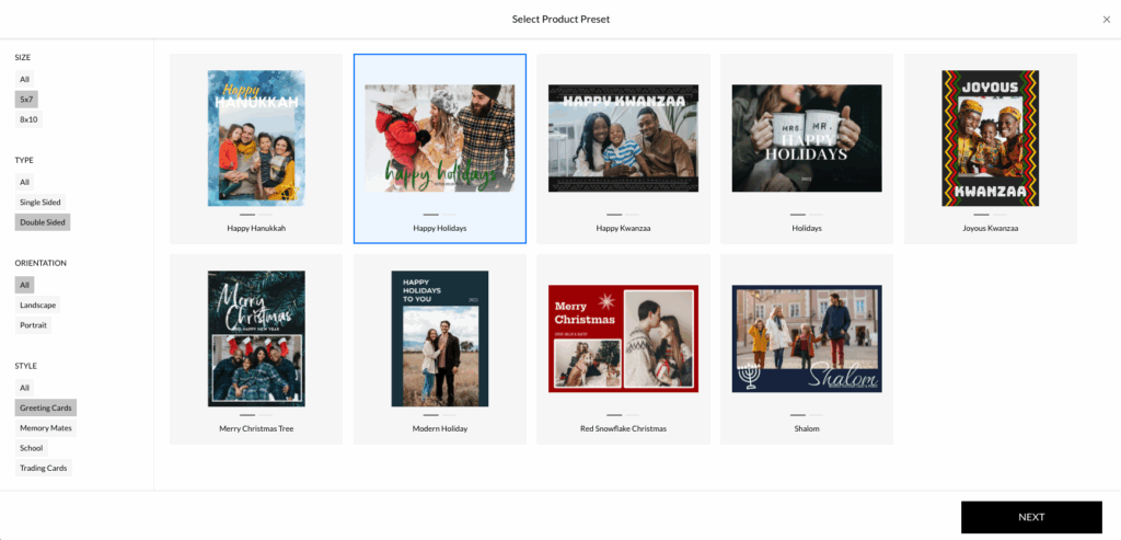 The image shows a screen for selecting a product preset, displaying various holiday card designs including "Happy Hanukkah," "Happy Holidays," "Happy Kwanzaa," "Merry Christmas," and "Shalom."  A "Happy Holidays" card featuring a family in winter attire is highlighted with a blue border.