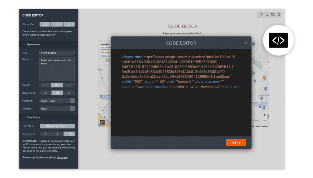Zenfolio website editor showing how to add Custom Code Blocks to Your Site