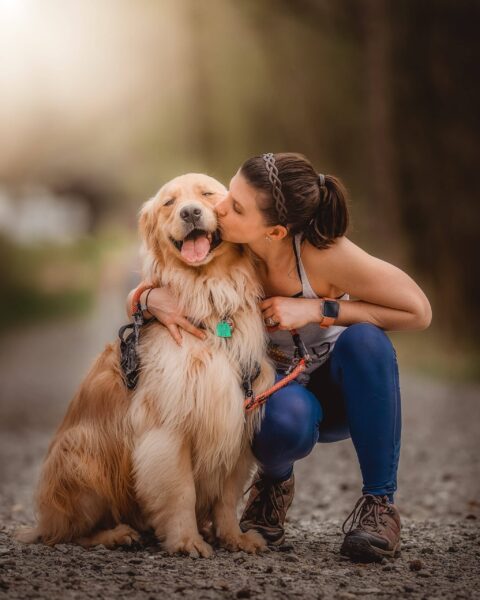 golden retriever beside crouching woman kissing dog's cheek
