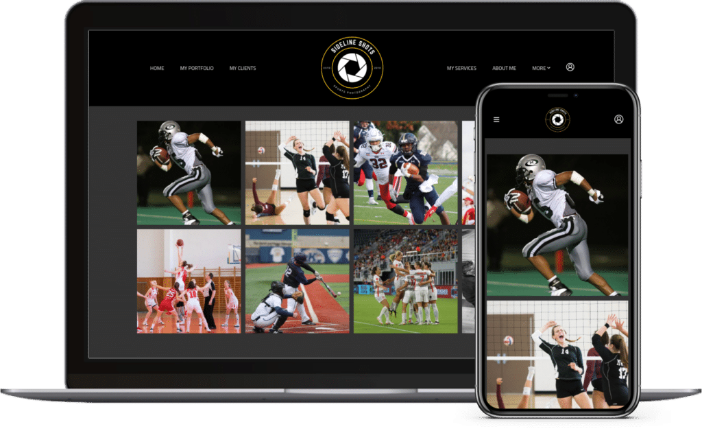 Sports photography website example on laptop and mobile screens
