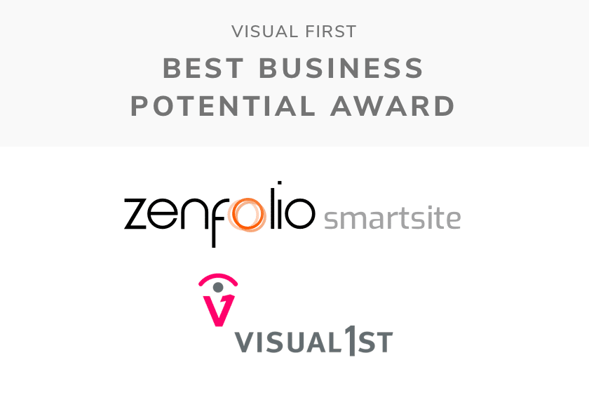 Text on a white and light grey background reads "Visual First Best Business Potential Award: Zenfolio Smartsite" and the logo for Visual 1st