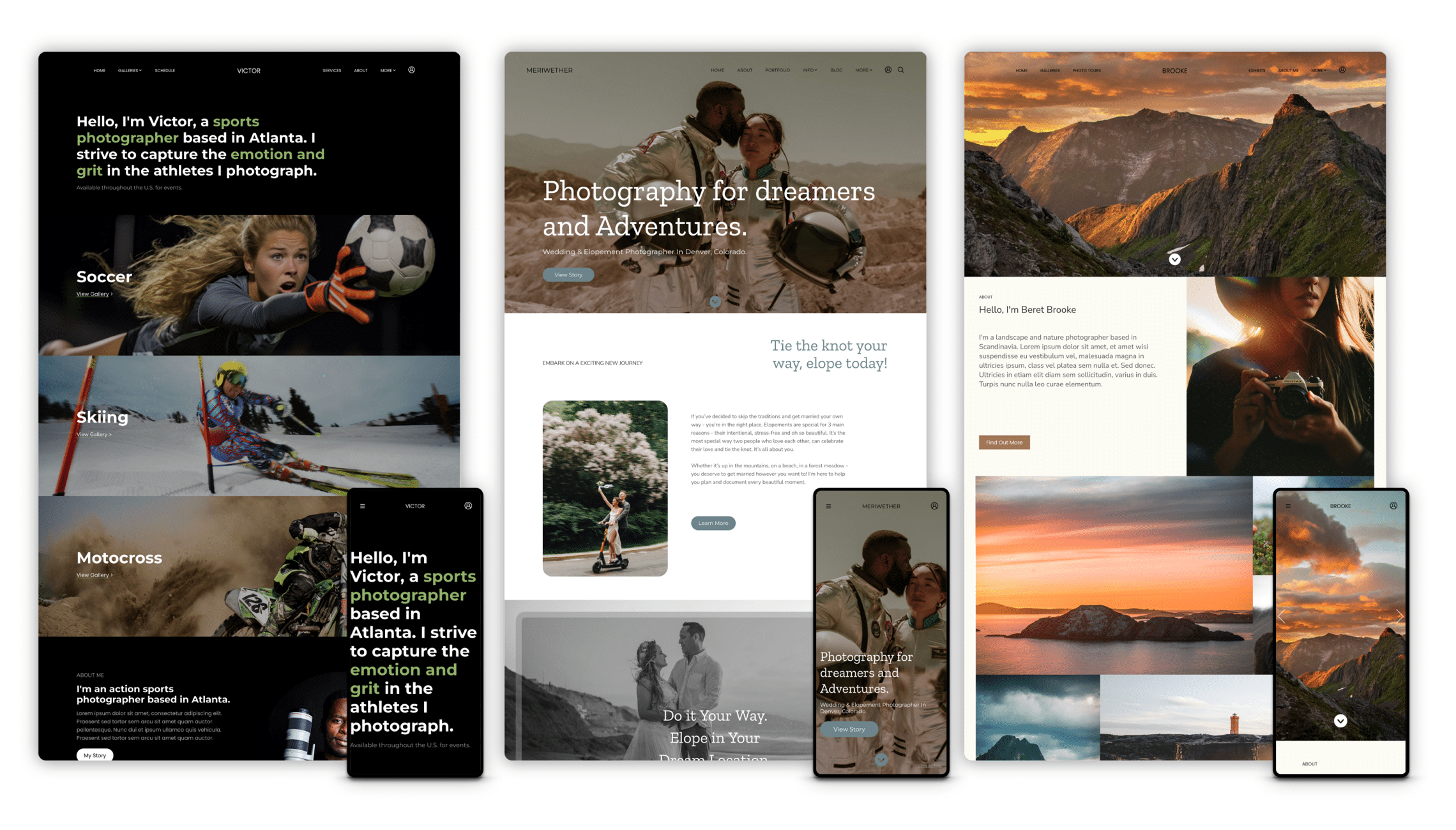 The image showcases three different photography websites, each with a unique style and focus, displayed on desktop and mobile devices. The websites feature stunning images of sports, elopements, and landscapes, highlighting the photographers' diverse skills and artistic visions.