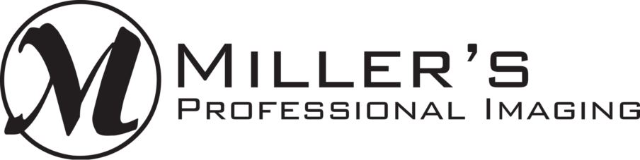 The image shows the logo for Miller's Professional Imaging, featuring a stylized "M" enclosed in a circle on the left, followed by the company name in a modern, sans-serif font. The text is stacked, with "Miller's" above "Professional Imaging," all in a dark color against a black background.