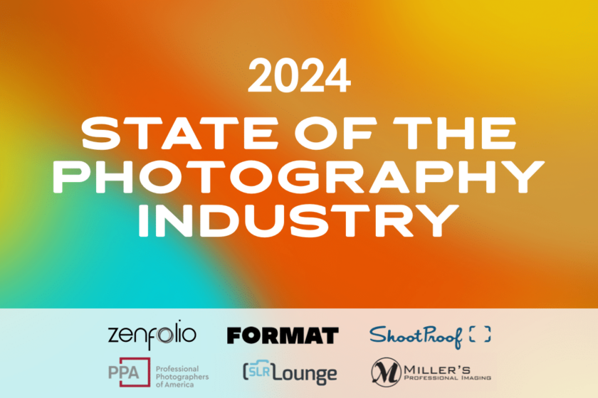 colorful background with shades of orange and teal beneath the words "2024 State of the Photography Industry" in white lettering. Image also includes logos for the survey sponsors: Zenfolio, Format, ShootProof, PPA, SLR Lounge, and Millers Professional Imaging.