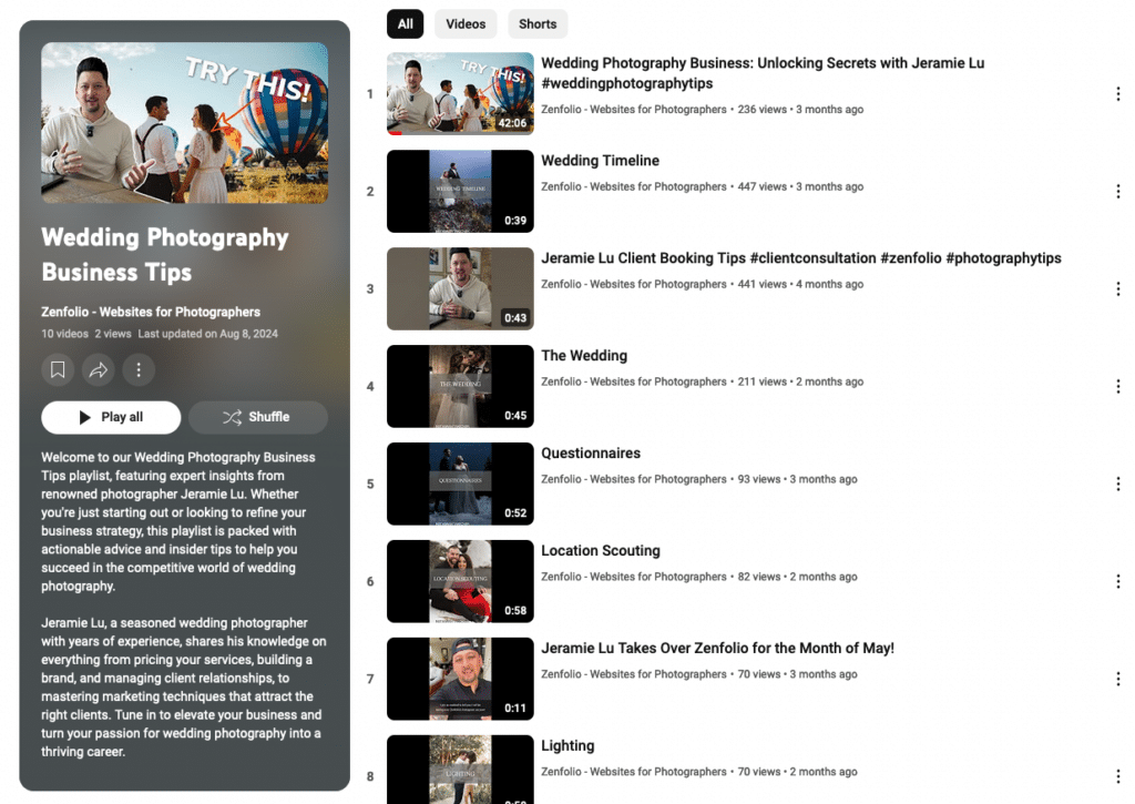 Wedding Photography Tips Playlist on YouTube