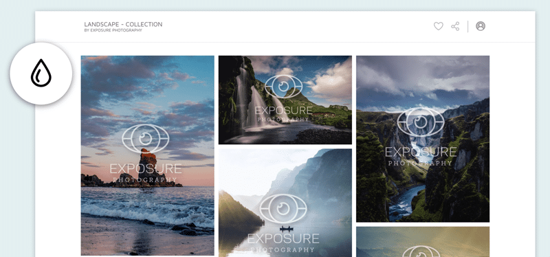 A webpage displays a collection of landscape photographs by Exposure Photography, featuring scenes of waterfalls, mountains, and seascapes, all overlaid with the photographer's logo. A water droplet icon is visible on the left side of the screen.