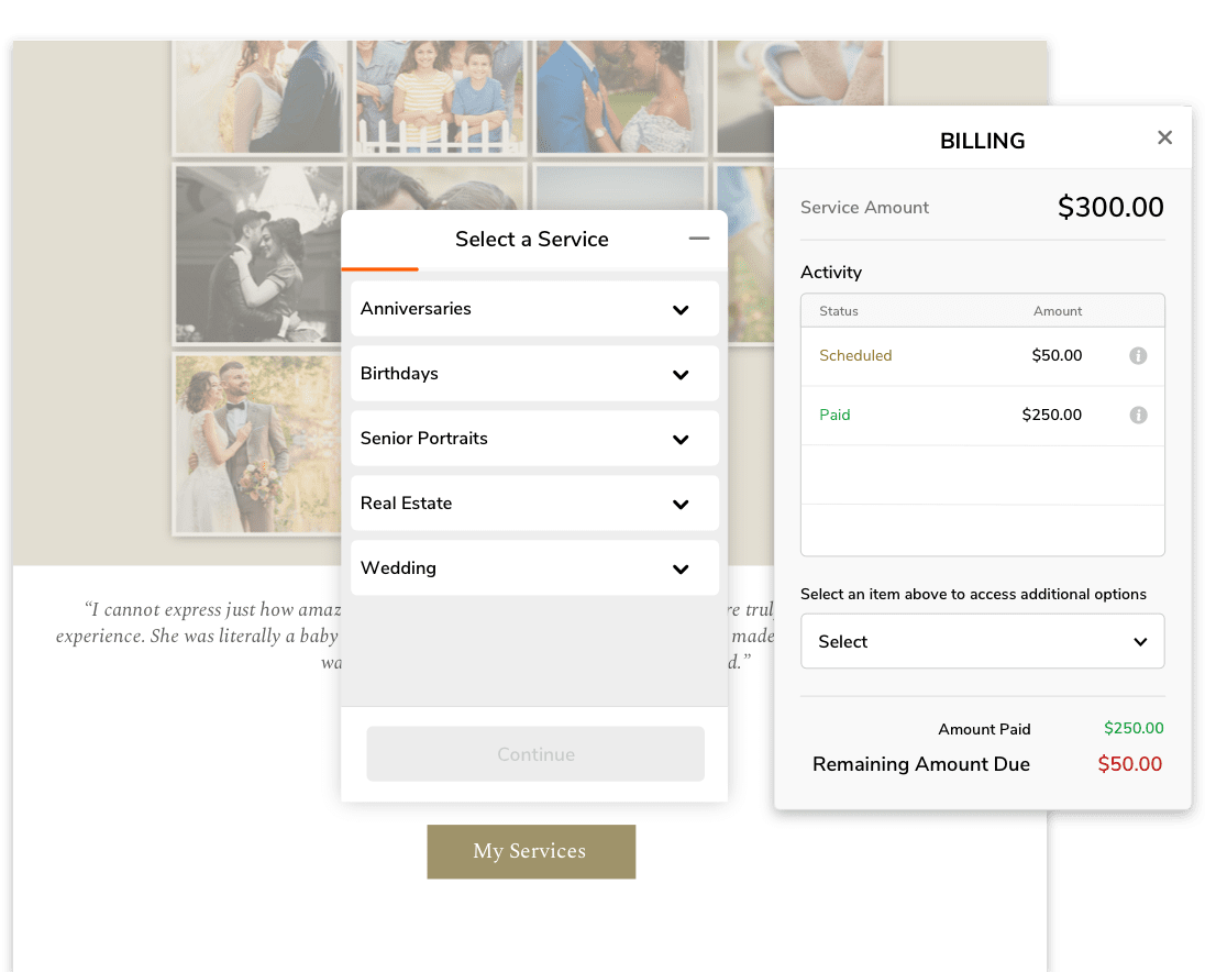 Screenshot of online billing page showing 300 dollars service total, 250 dollars paid, 50 dollars due; service selection m...