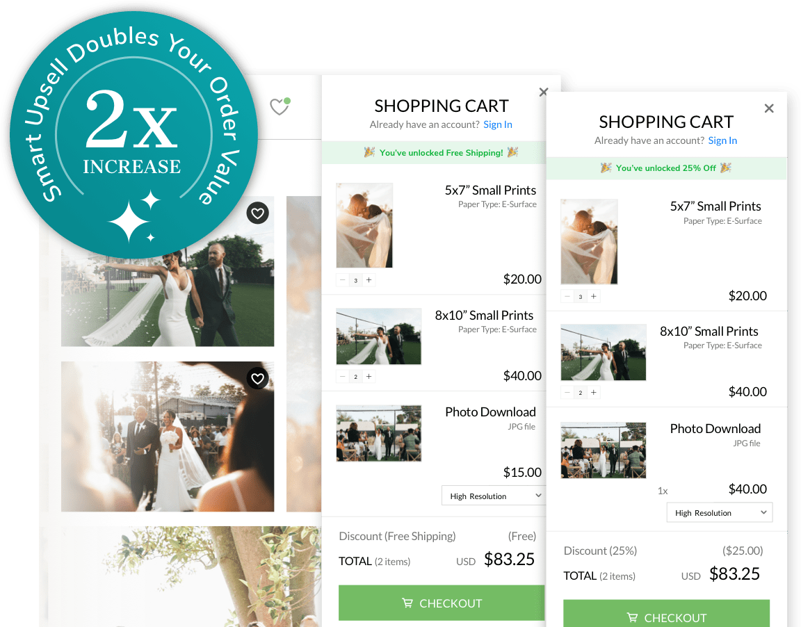 Wedding photo shopping cart showing print and download options; two carts display different discounts