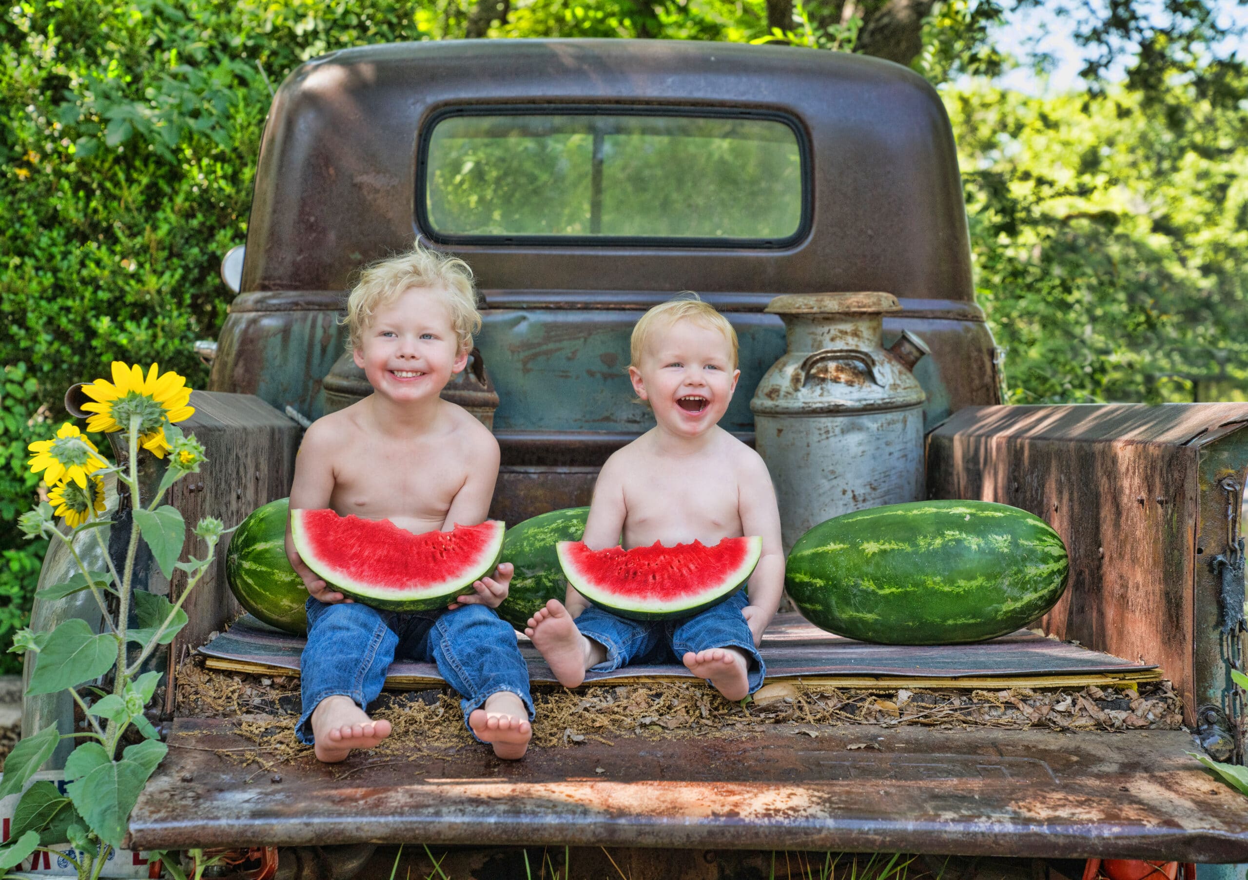 boys with watermelon in truck. Image by Jordan Ashley Photography