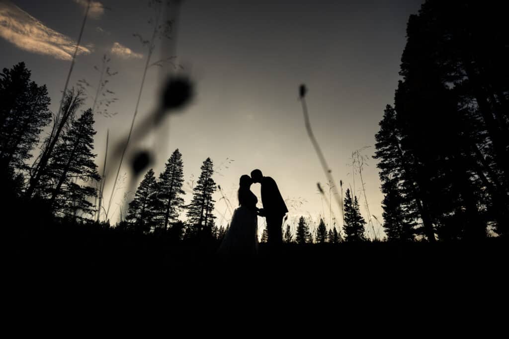 Wedding couple silhouette with wildflowers in foreground Jeramie Lu