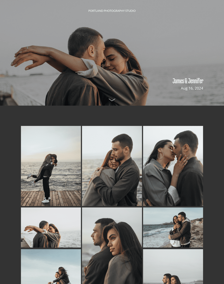 Couple's portrait gallery: James and Jennifer, Aug 16, 2024. Multiple photos show them embracing near the ocean