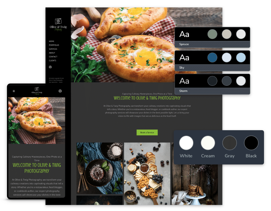 Olive and Twig Photography website mockup; showcasing food photography, color palettes, and responsive design