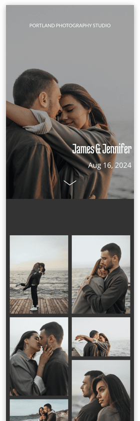 Couple's portrait gallery: James and Jennifer, Aug 16, 2024. Multiple photos show them embracing and kissing near the ocean