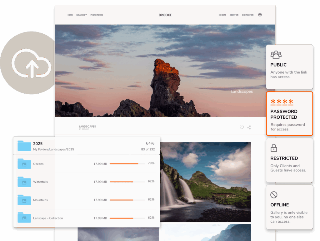 Screenshot of a photo gallery website displaying landscape photos, upload icon, and various access levels (public, passwor...