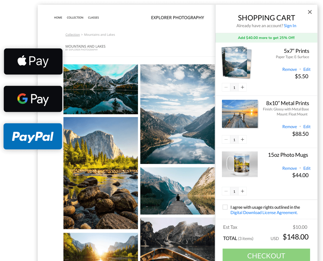 Online shopping cart showing landscape photos; prints, metal prints, and mugs available; total 148 dollars