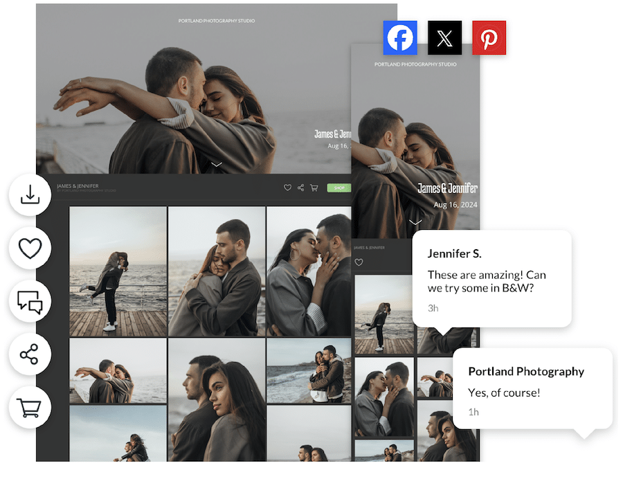 Couple's romantic photos displayed on a photography studio website; client feedback included