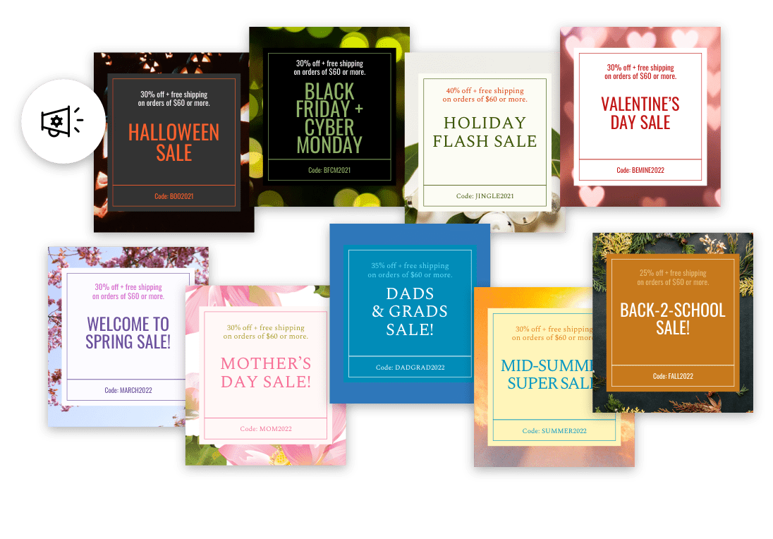 The image shows a collection of promotional graphics for various sales events, including Halloween, Black Friday/Cyber Monday, Valentine's Day, and Back-to-School, each offering discounts and free shipping. A white circle with a megaphone icon is positioned to the left of the graphics.