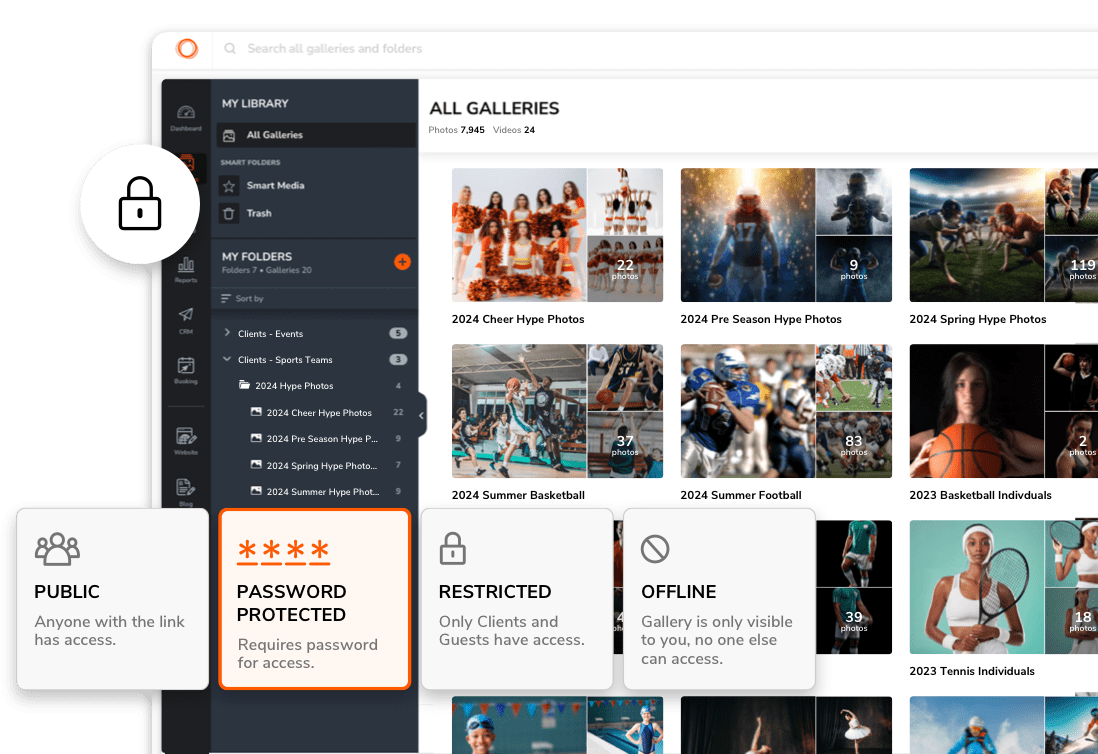 Password-protected photo gallery interface; various sports photos displayed; access levels indicated