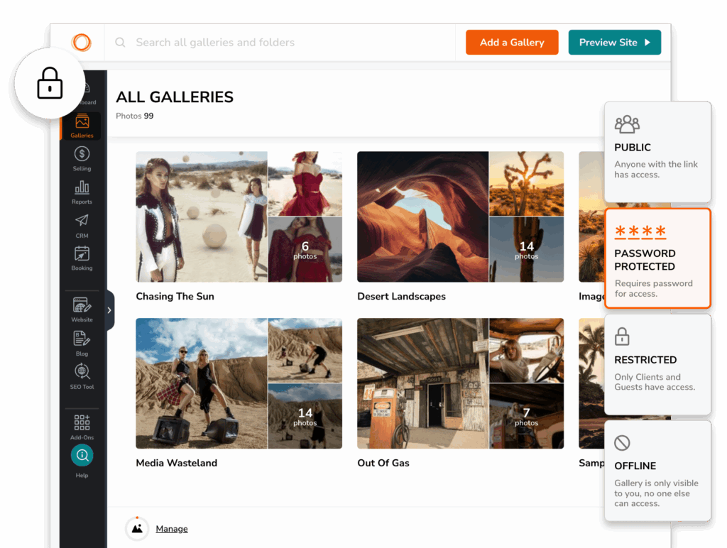 Screenshot of photo gallery interface showing various image galleries with different access levels: public, password-prote...