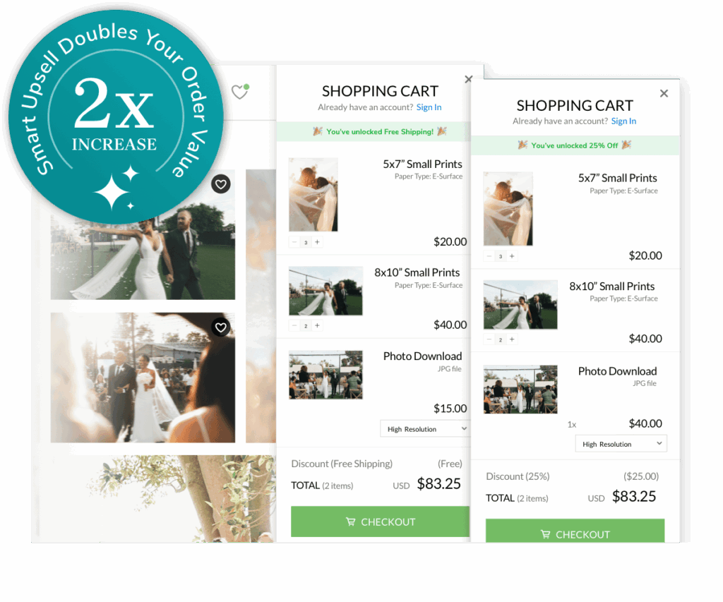 Wedding photo prints and downloads in a shopping cart; two options shown, one with free shipping, the other with 25% off
