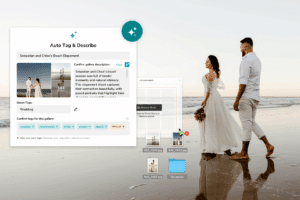 Bride and groom walking on beach; wedding photos being uploaded.