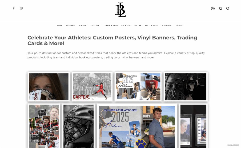 Website showcasing custom sports-themed posters, banners, and trading cards; featuring athlete photos by Brad Loff