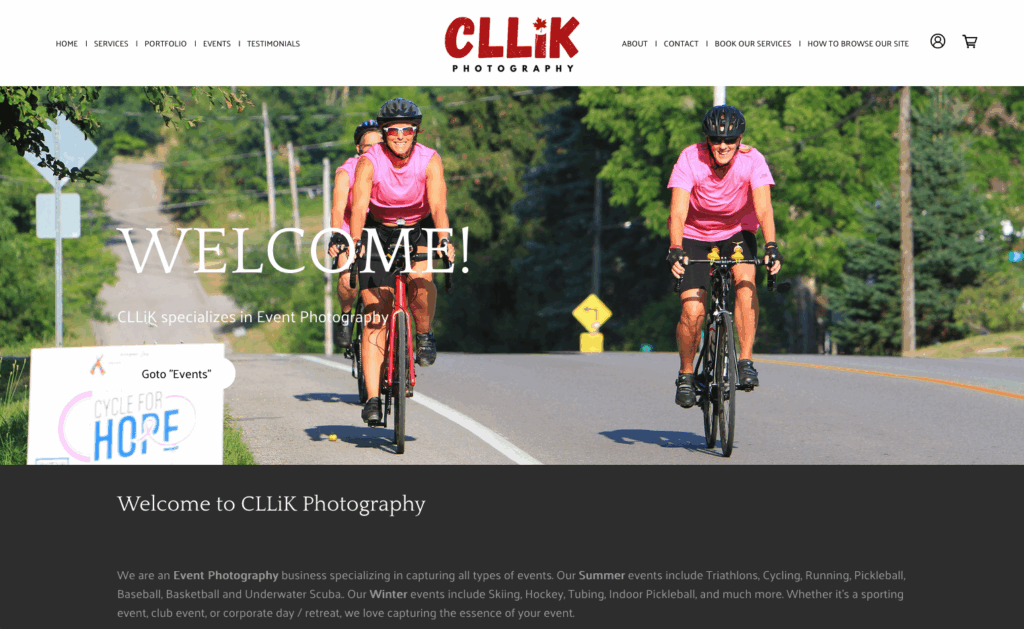 Website banner: Two women cycling, Welcome! text, CLLiK Photography logo, and event photography tagline
