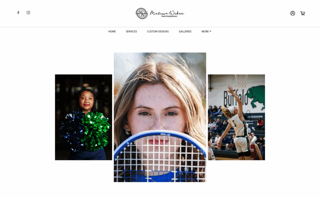 Website gallery showcasing three sports photography portraits by Melissa Weber: a cheerleader, a tennis player, and a basketball player