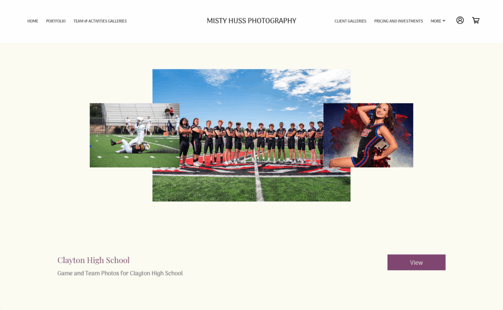 Clayton High School sports photos by Misty Huss: football team, game action, and cheerleader portrait