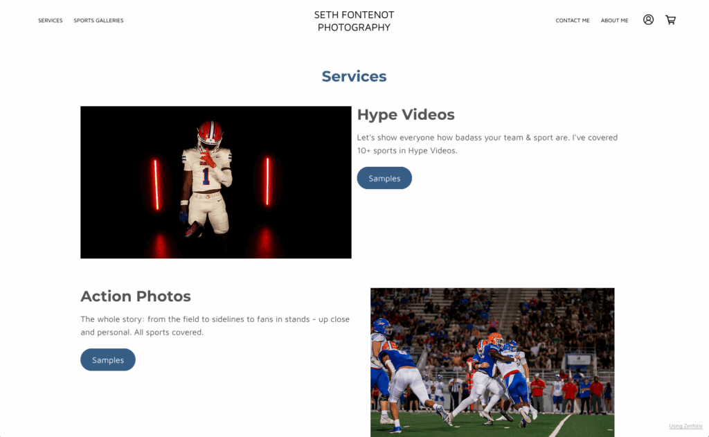 Website showcasing sports photography by Seth Fontenot: action shots and hype videos of football players