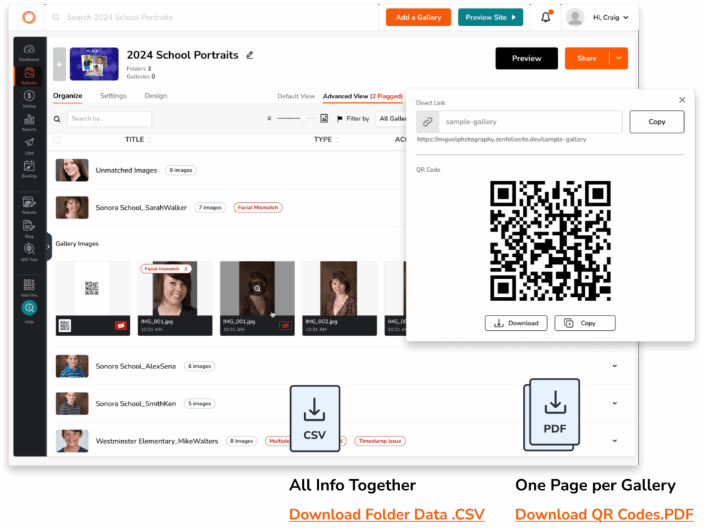 Screenshot of online photo gallery management interface; shows thumbnails, download options (CSV, PDF), and QR code