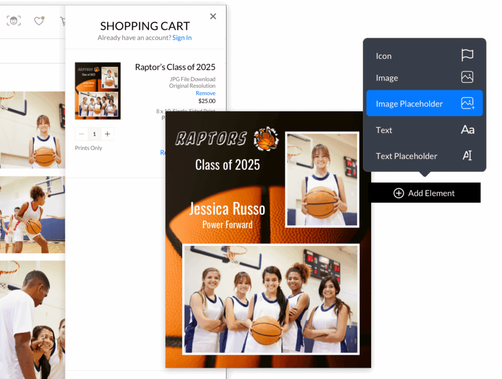 Basketball team photo collage; Raptor's Class of 2025 design; shopping cart interface