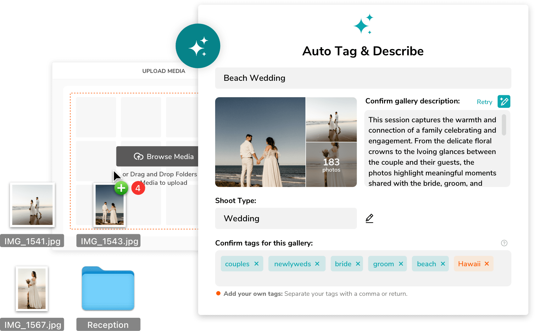 Screenshot of photo upload interface; beach wedding photos, 183 total, tagged couples, newlyweds, bride, groom, beach, Hawaii