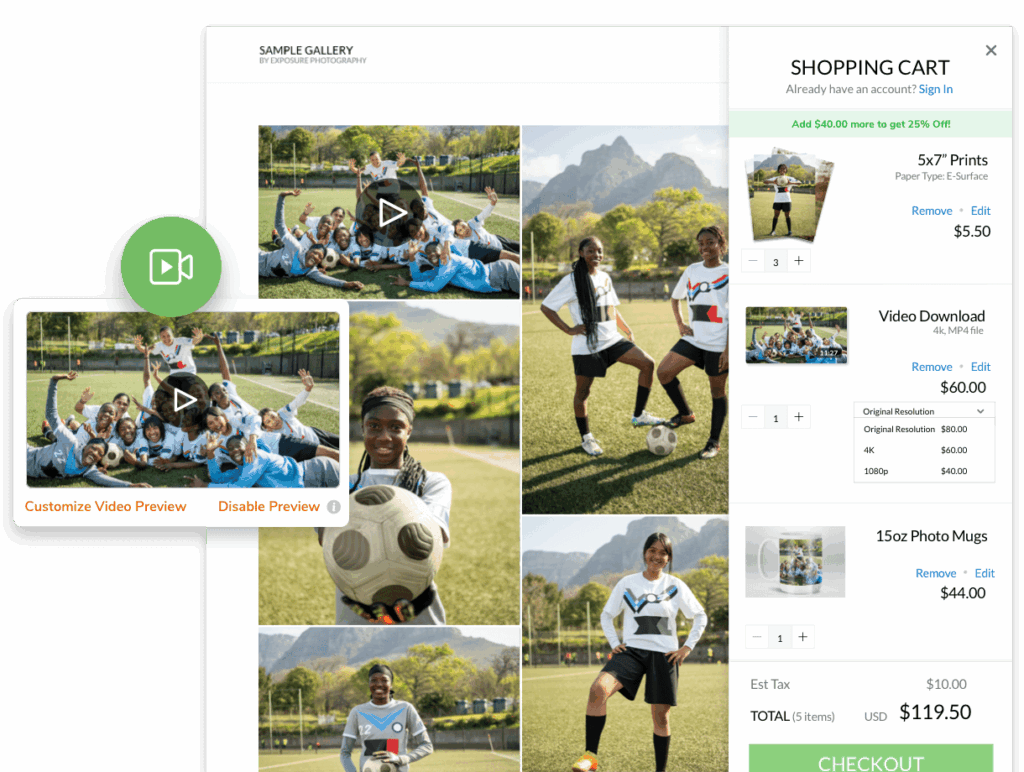 Screenshot of online photo gallery showing soccer team photos, video preview, and shopping cart with print and mug options