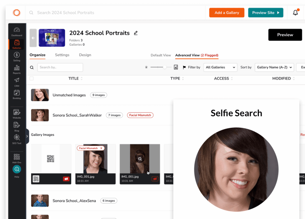 Screenshot of school portrait management software showing a woman's selfie and image gallery