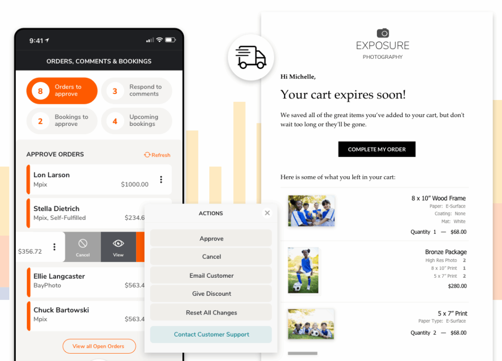 Cart expiration notification with order summary: photos, frames, and pricing details