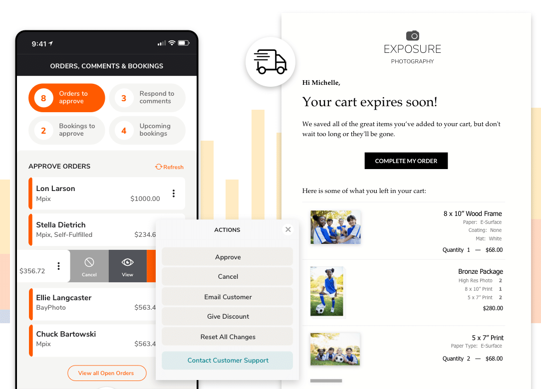 Cart expiration notification with order summary: photos, frames, and pricing details