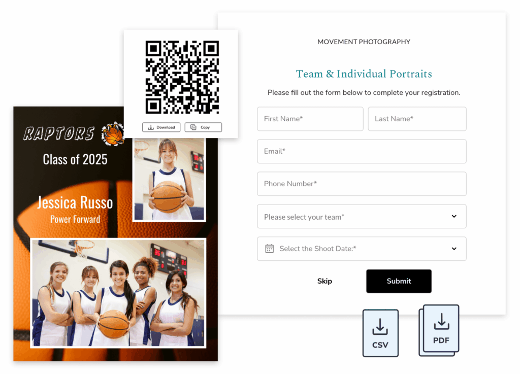 Registration form for team and individual basketball portraits; includes QR code, player photos, and CSV/PDF download options