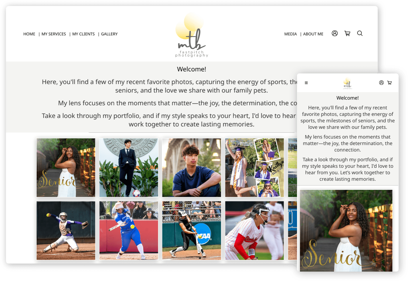 Website showcasing photography portfolio; diverse senior portraits and sports action shots