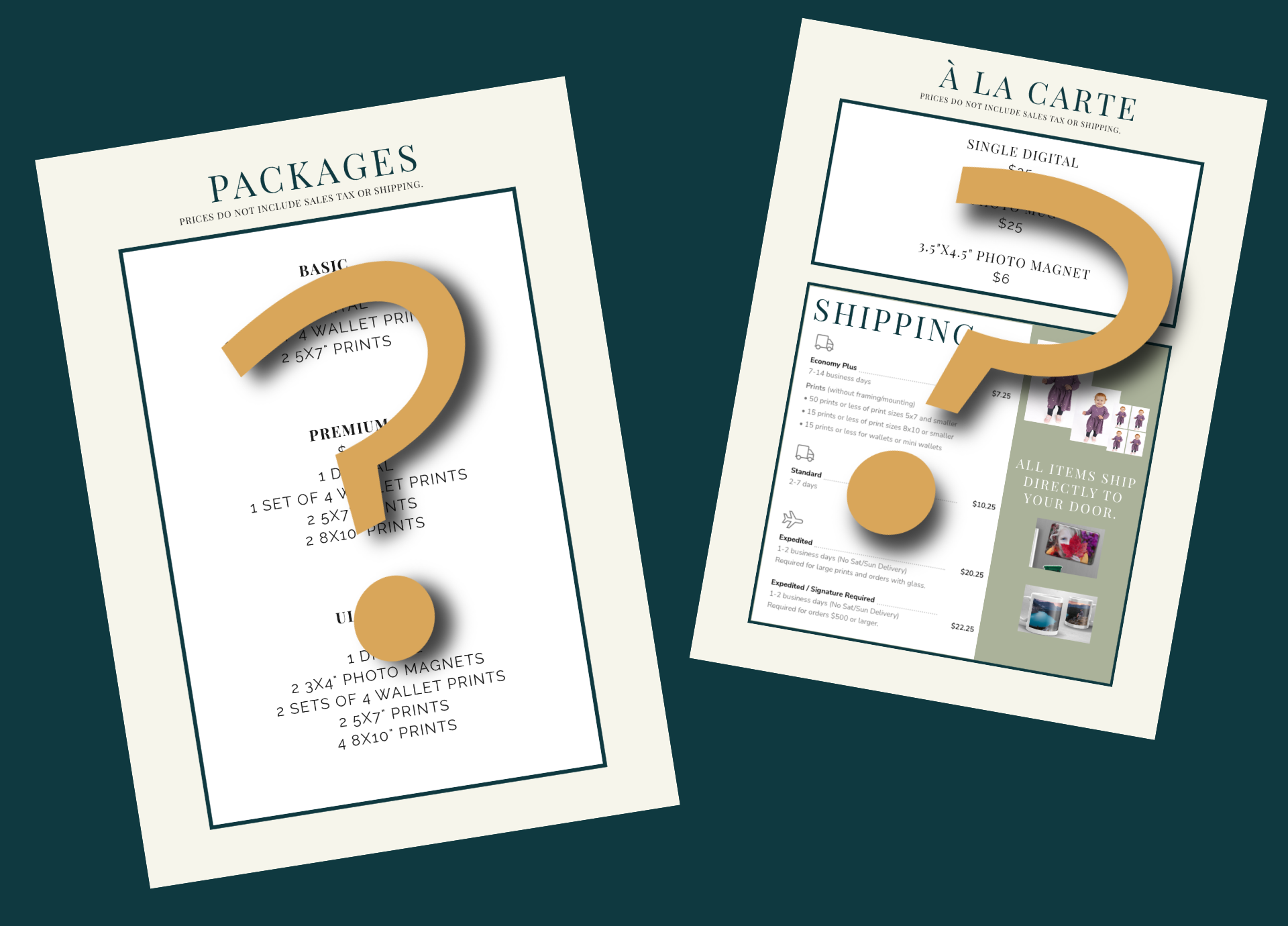 Pricing chart for photo packages and à la carte items, including shipping options