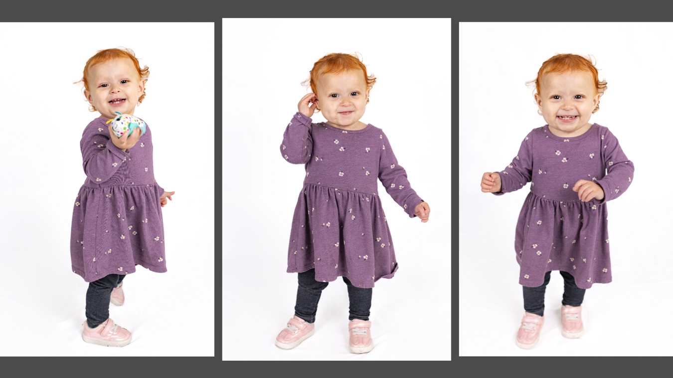 three photos of a toddler girl in a purple dress, playing and smiling