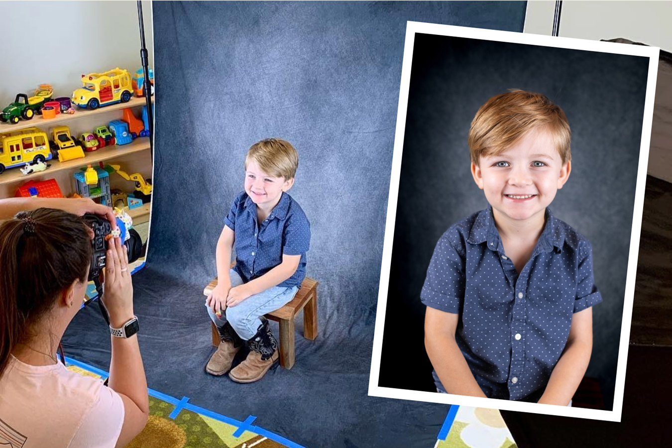 Young boy's photo shoot: A photographer captures a smiling toddler seated on a stool against a dark backdrop. photo by Caroline Stubbs