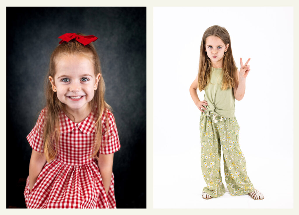 Two photos of a young girl: one in a red gingham dress, the other in a green floral outfit, making a peace sign. photograph by Caroline Stubbs