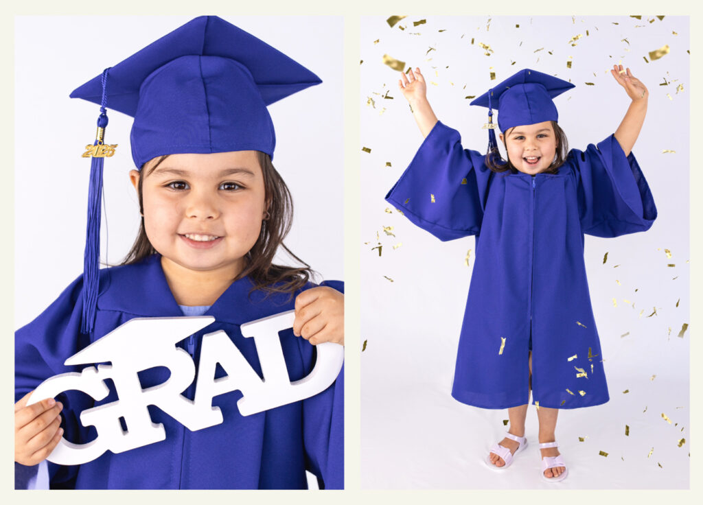 Young girl in blue graduation gown, holding GRAD sign; second image shows her celebrating amidst confetti. photograph by Caroline Stubbs