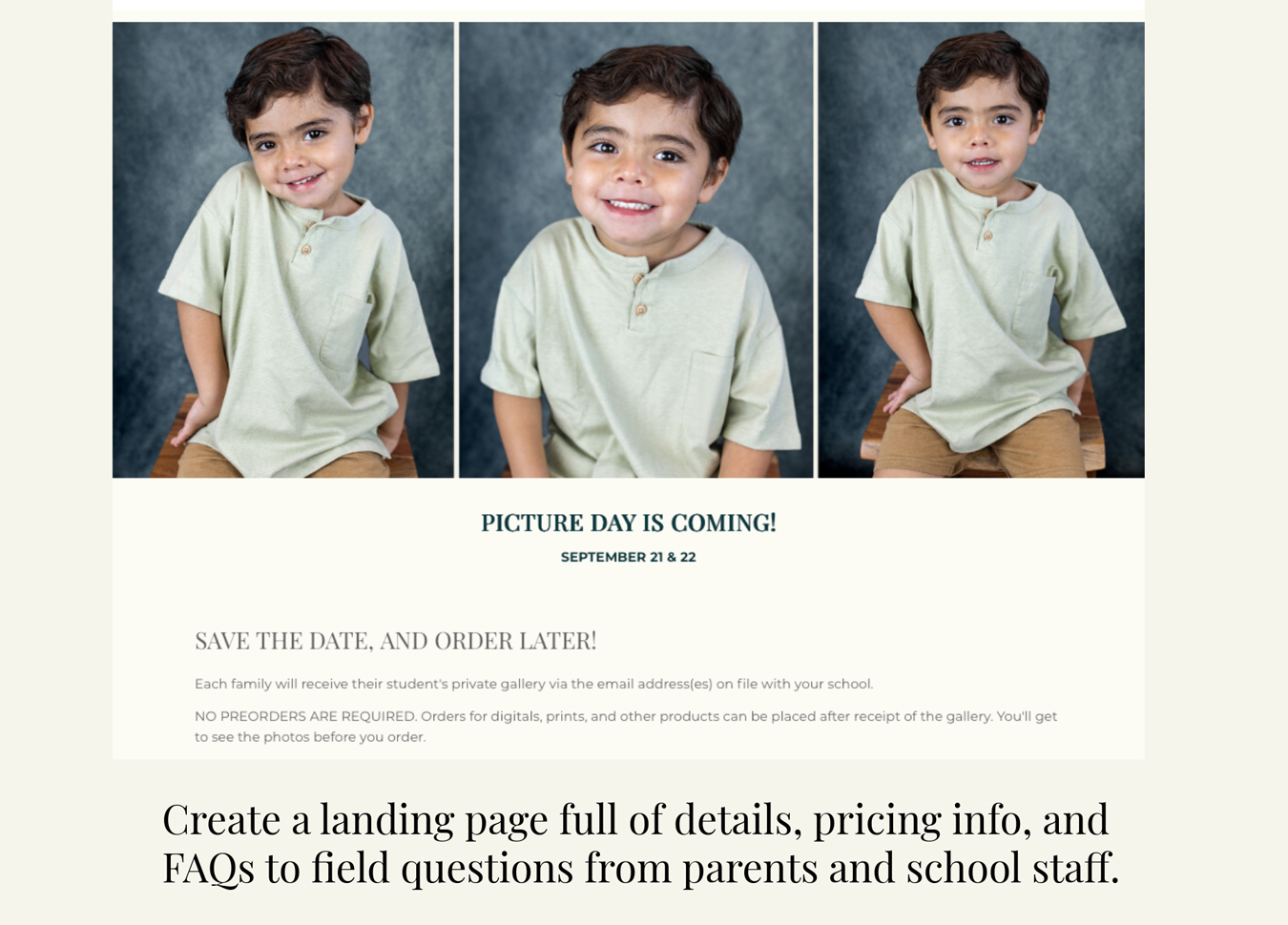Three photos of a young boy in a light green shirt; Picture Day announcement landing page for parent and teacher FAQs
