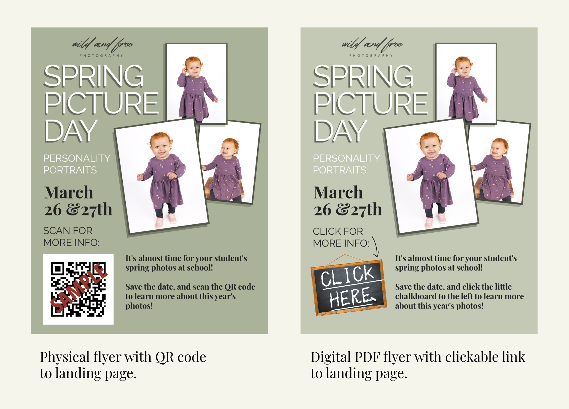 example of two Spring Picture Day promotional flyers; Child portraits; versions with QR code and clickable link to more info