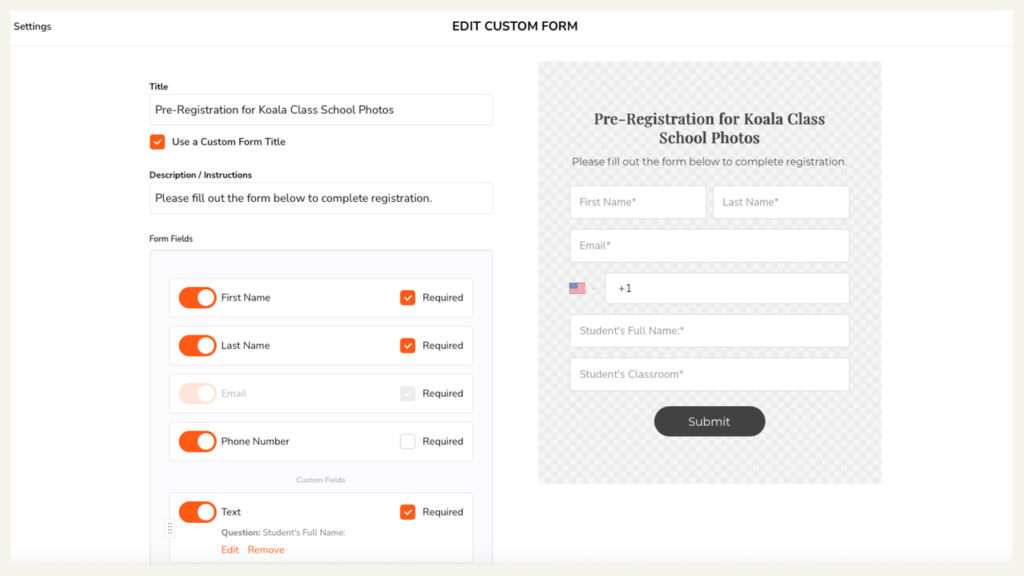 Koala class school photo registration form; editable fields include name, email, phone, and student details. from Caroline Stubbs