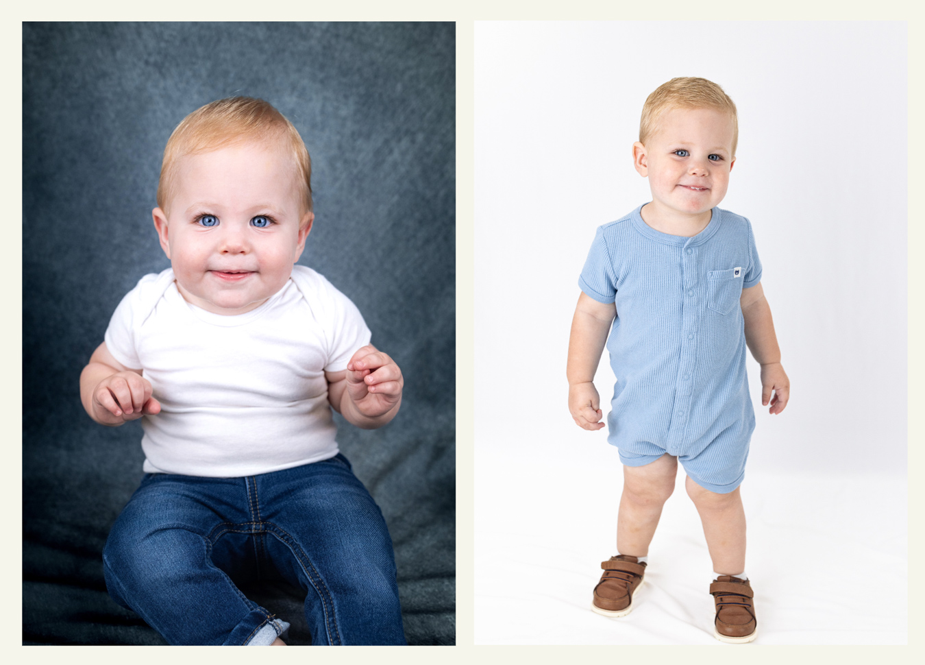 Two photos of a blonde baby boy: one seated in a white shirt and jeans, the other standing in a blue romper and brown shoes
