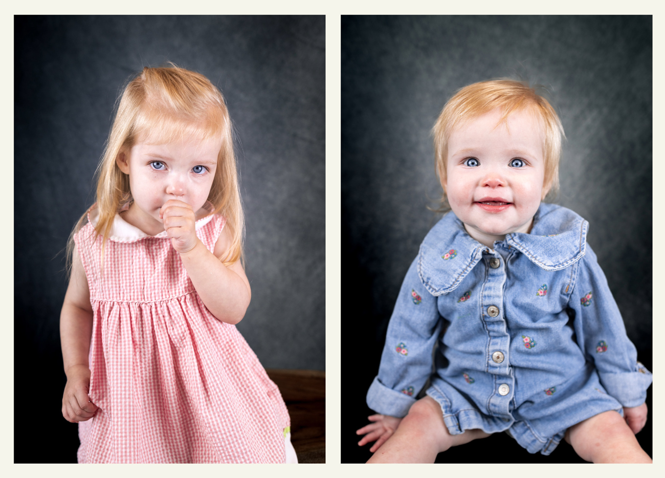 Diptych of toddler girls: one in pink gingham dress, sucking thumb; the other in denim dress, smiling